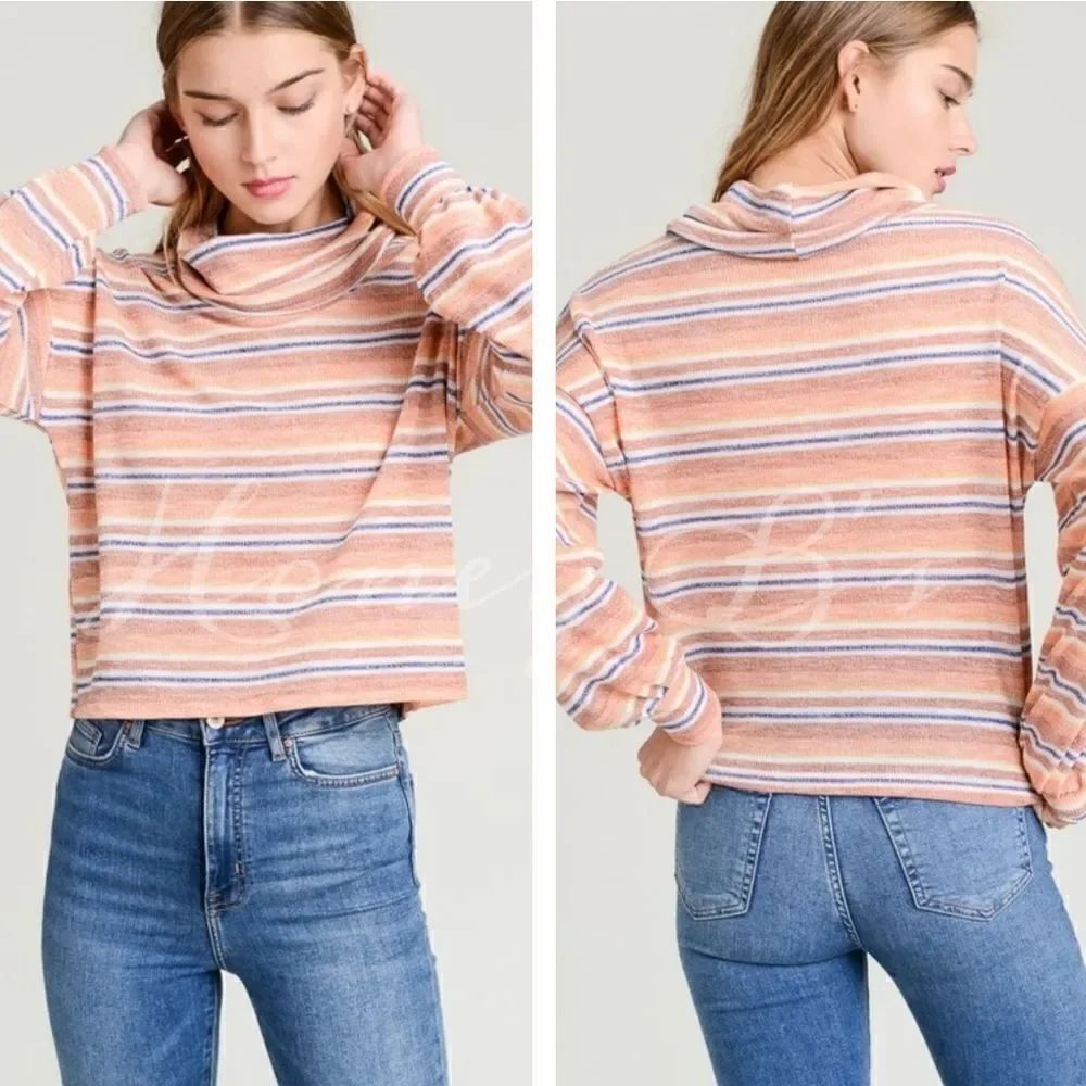 Retro Inspired Stripe Cowl Neck Slub Knit Sweater